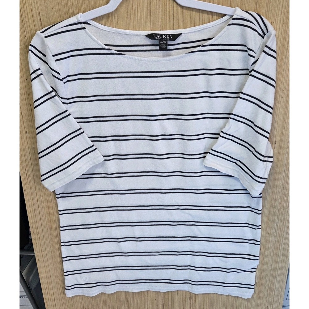 Lauren Ralph Lauren XL Ladies‎ Shirt Top White With Black Stripes Short Sleeve